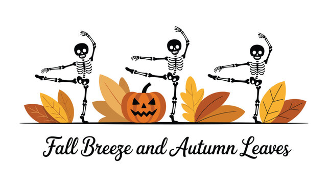 Three cheerful skeletons dancing among pumpkins and vibrant autumn leaves during fall season