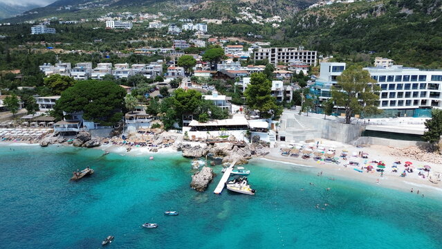 Aerial view of the turquoise Mediterranean coastline connecting Vlore, Radhime and Orikum, Albania