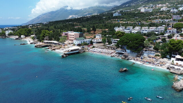 Aerial view of the turquoise Mediterranean coastline connecting Vlore, Radhime and Orikum, Albania