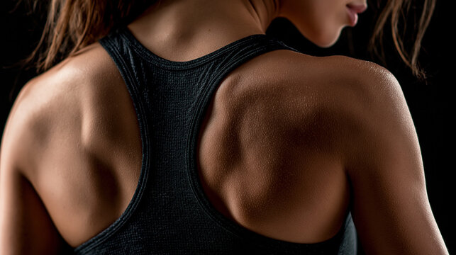 Extreme close up , back muscle of sport woman wearing black tank top , blakc background.