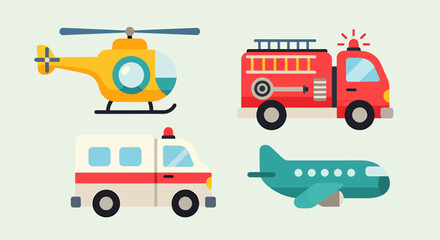 Naklejka premium Set of element vector illustration collection of transport icons including firetruck helicopter plane and ambulance automobile road traffic symbol design