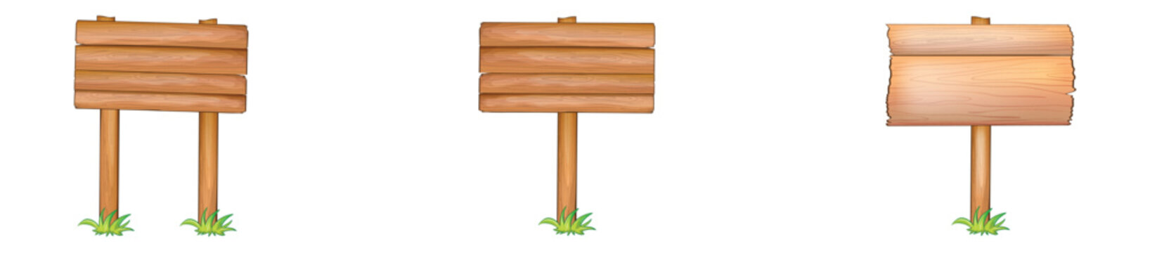 Set of wooden road signs with grass. Vector signboards for pointing direction, travel destination. Game ui element