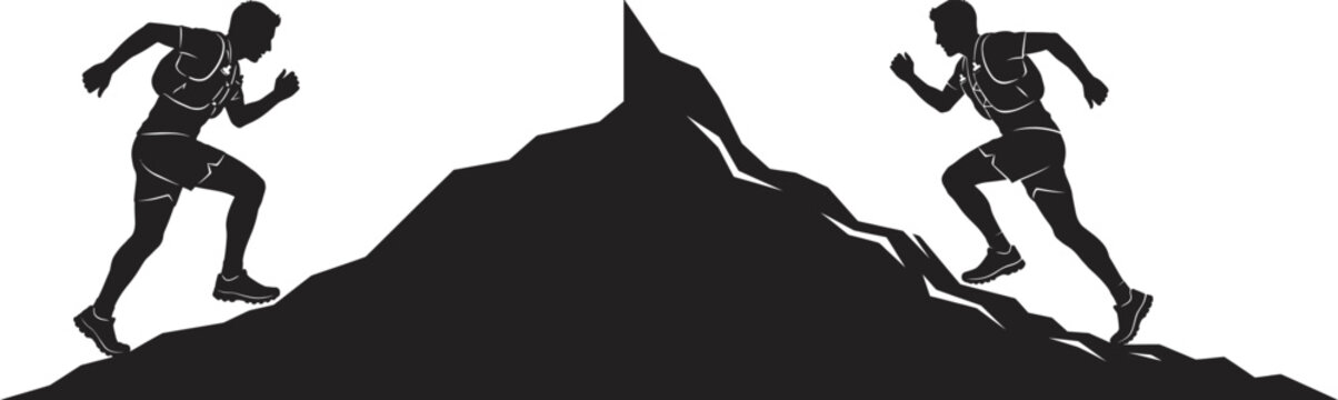 Silhouette of running men and mountain landscape against a white background