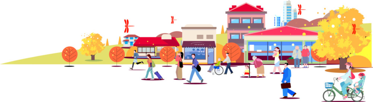 Flat vector illustration banner of an autumn cityscape and diverse people with various lifestyles