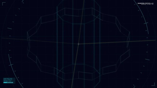 Futuristic engineering blueprint animation with glowing lines on dark background
