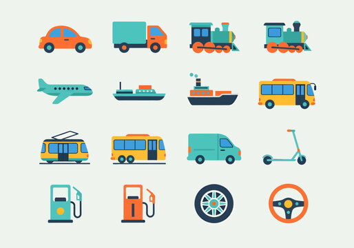 Transportation Icons Set with Car Truck Bus Train Taxi Van and Cargo Vehicle Vector Illustration Collection for Travel Traffic Delivery and Auto Design Symbol Pack