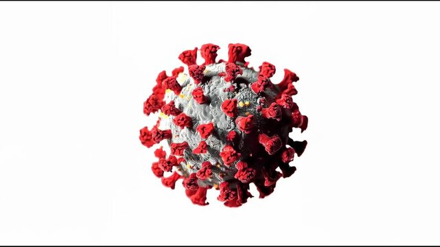 Coronavirus particle microscopic virus with red spike protein pathogen isolated on white background