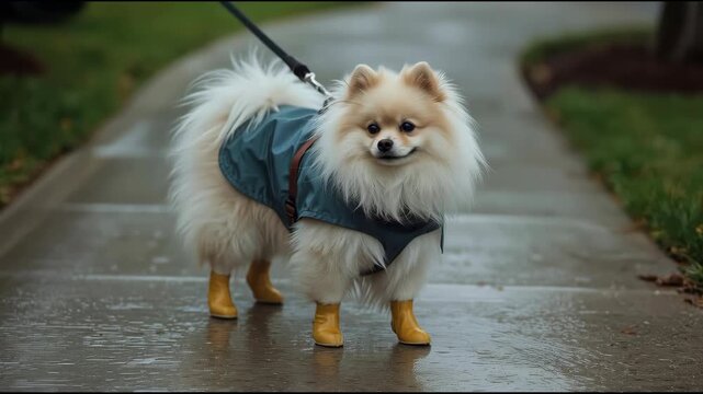 Fluffy pomeranian small dog in raincoat rain boot leash on wet sidewalk cheerful walk