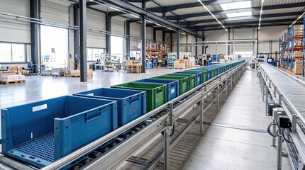 Obraz premium A modern warehouse interior with a conveyor belt transporting blue and green plastic bins. The space is well-lit and organized, showcasing industrial efficiency.