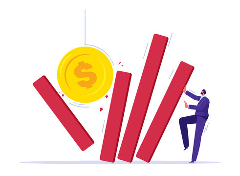 Risk and crisis management concept, businessman stopping falling dominos effect