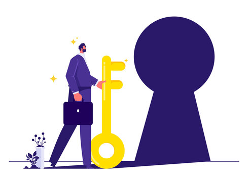 Unlock your opportunity concept, new way business beginnings and unlock future, keyhole and ambitious businessman with key to unlock career potential and work financial success 