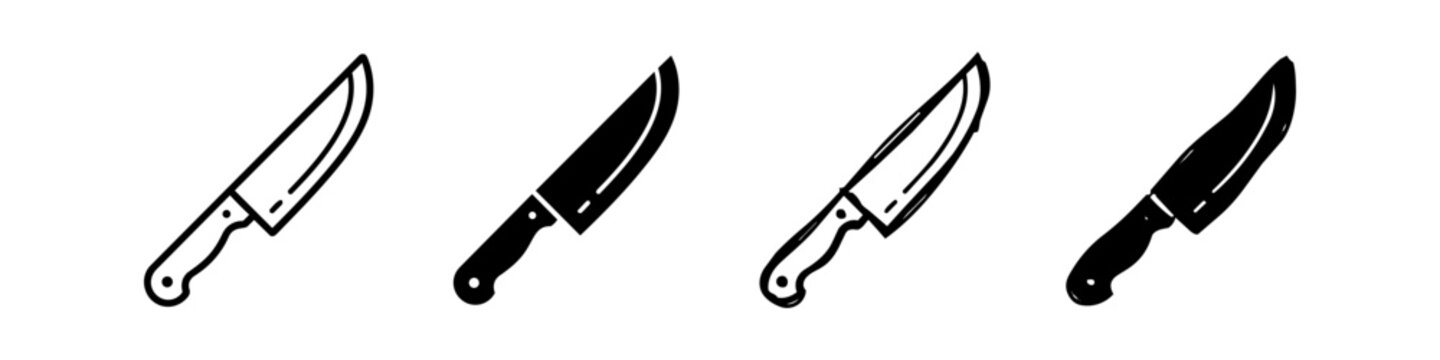 A collection of kitchen knife icons in four distinct styles: outline, solid silhouette, hand-drawn sketch, and bold vector art. Ideal for culinary designs, menus, and food-related branding.