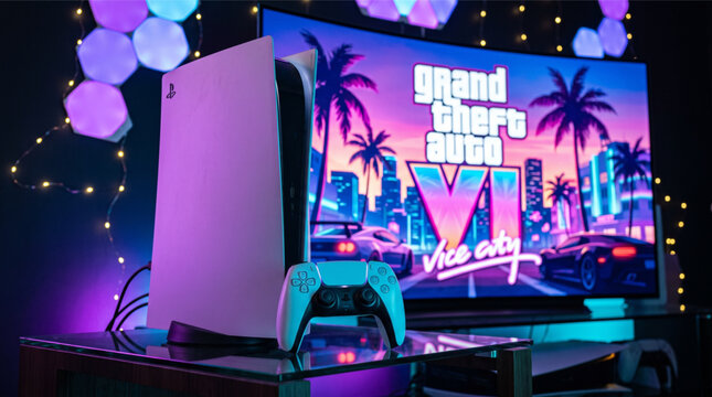 Grand Theft Auto VI logo and artwork on a TV screen with a PlayStation 5 console and DualSense controller in a neon gaming room setup. Upcoming GTA 6 Vice City video game illustration on PS5.