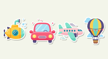 Naklejka premium Vector Illustration Set of Cartoon Transportation Vehicles with Submarine, Car, Plane, Air Balloon. Road Travel Icons Toy Automobile Design and Abstract Background