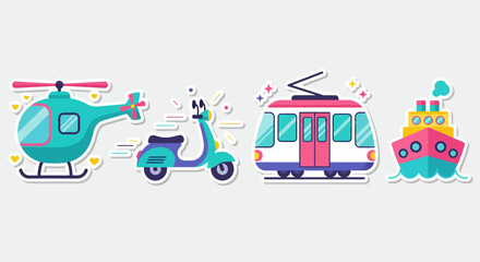 Vector Illustration Set of Cartoon Transportation Vehicles with Helicopter, Scooter, Tram, and Ship. Road Travel Icons Toy Automobile Design and Abstract Background © Isha