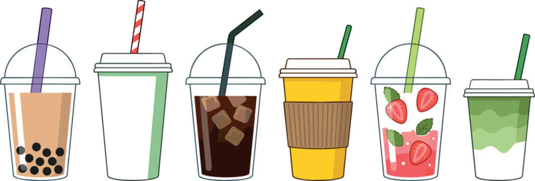 Bubble tea iced coffee matcha latte vector cartoon illustration set with takeaway plastic cups boba pearls ice cubes strawberry smoothie straws isolated on white background