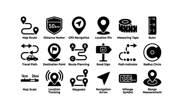 Distance Measurement Glyph Icons Collection Navigation And Route Vector Set