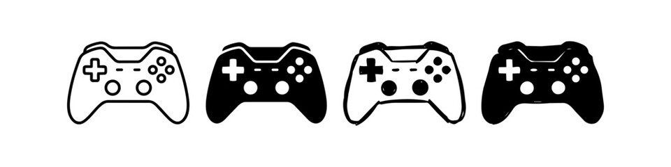 Four gamepad icons in outline, solid, and hand-drawn styles for gaming UI and app design. © Nort Kor