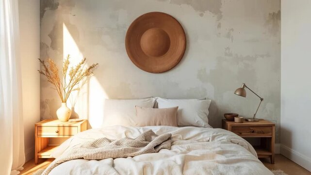 Cozy neutral bedroom with textured wall, wooden nightstand and bohemian bedside styling