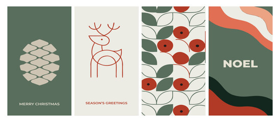 Abstract boho Christmas vector card set with minimalist reindeer line art, pinecone, holiday berries foliage pattern, and Noel text greeting. © Shofikul islam
