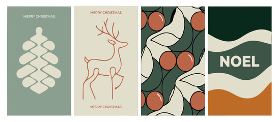 Abstract boho Christmas vector card set with minimalist reindeer line art, pinecone, festive holly berries pattern, and Noel text greeting. © Shofikul islam