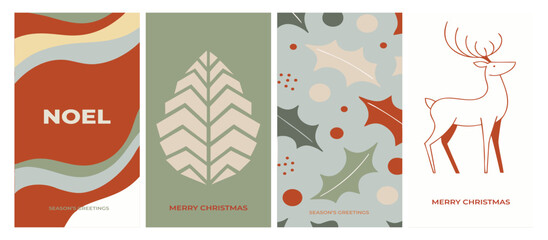 Abstract boho Christmas vector card set with minimalist reindeer, pinecone, holly leaves seamless pattern, and Noel text greeting. © Shofikul islam