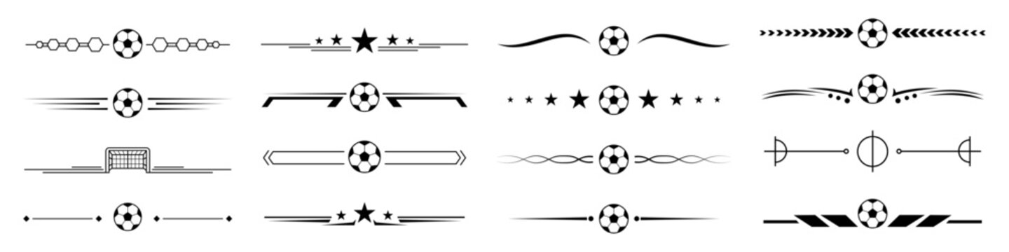 Soccer ball divider lines decorative vector collection, football style separators with sport themed borders and dynamic graphic elements. Game and championship design accent collection