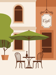 Fototapeta premium Charming outdoor cafe features a green umbrella shading a small table with two chairs outside