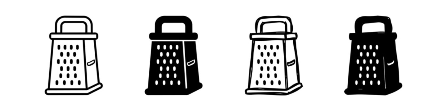 Icon set of four cheese graters in various styles including outline, solid, and hand-drawn. Versatile kitchen tool graphics for culinary and food-related designs.