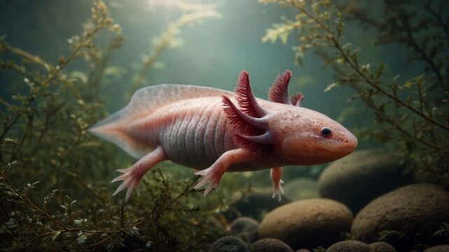 Beautiful mexican walking fish, an ambystoma mexicanum, gracefully swimming underwater in its natural habitat, a stunning close up showcasing its unique gills and amphibian features