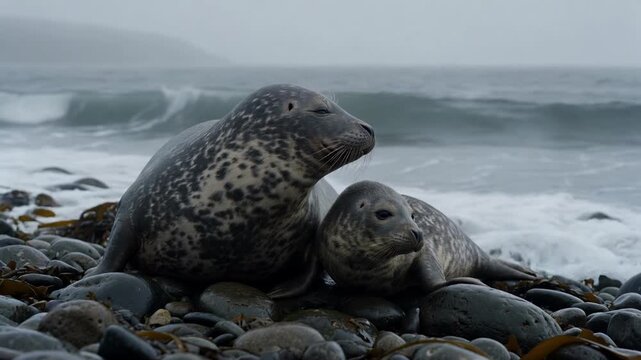 Protective mother grey seal watching over her resting pup on a pebble beach, cuddling together while ocean waves crash in the background during a cloudy, overcast day in a coastal habitat
