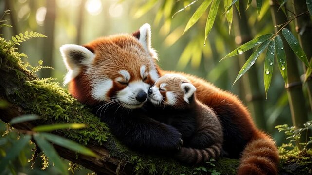 Tender moment of a mother red panda embracing her sleeping cub on a mossy branch in a serene bamboo forest, showcasing the strong bond of maternal love and care in the natural world