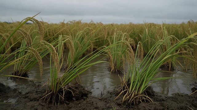Golden ripe rice ears swinging in the breeze in a muddy water field before harvest time, a typical asian agricultural landscape under a cloudy and overcast sky, showing cultivation and farming