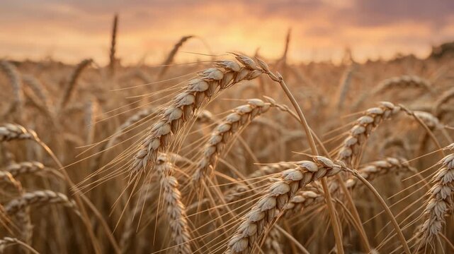 Golden ears of ripe wheat gently swaying in the breeze in a rural agricultural field during a beautiful warm sunset. This scenic landscape represents the concept of harvesting and farming