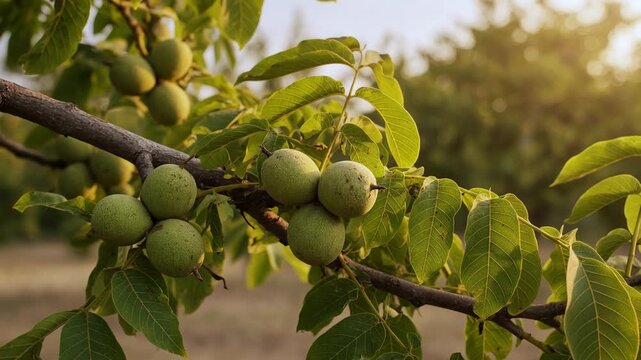Close up of a walnut tree branch with clusters of green, unripe nuts ripening in the warm summer sun. Lush foliage gently swaying in the wind, with a blurred orchard background