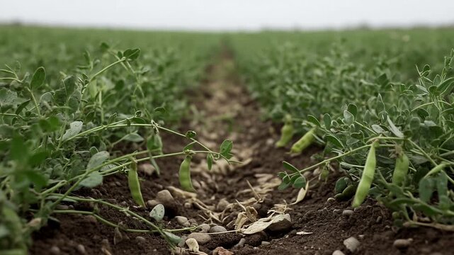 Low angle view tracking forward through rows of fresh green pea plants growing in a cultivated field, with pods hanging from the vines and a shallow depth of field focusing on the soil