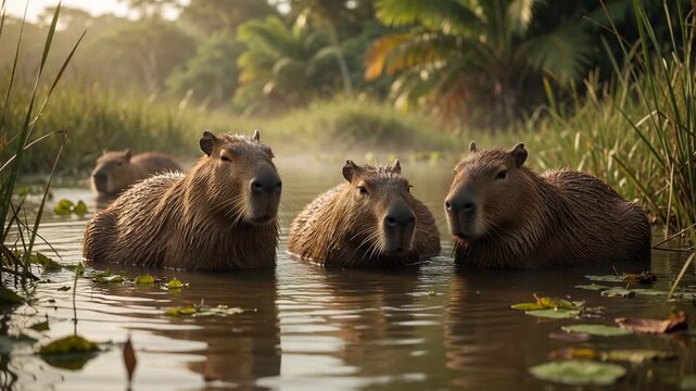Curious capybaras relaxing in a tranquil pond at dawn, their wet fur glistening in the warm morning light amidst lush tropical vegetation and serene water reflections in a south american wetland