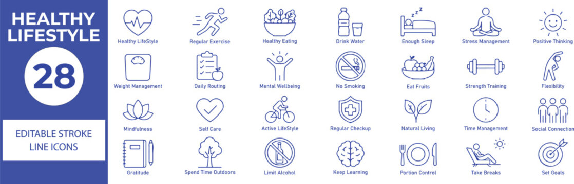 Healthy Lifestyle Vector Outline Icons Set &ndash; Wellness, Fitness, Nutrition and Healthy Living Line Symbols Collection