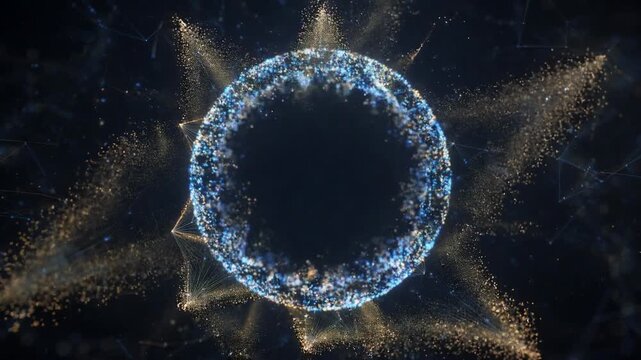 Futuristic circle of glowing blue and gold particles floating and pulsating on a dark background, representing concepts like big data, network connections, technology, and energy fields