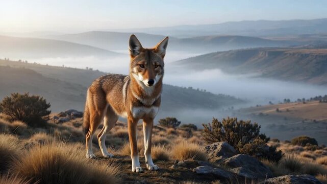 Majestic coyote standing on grassy. Rocky hilltop. Howling at golden morning light with breathtaking view of foggy valley and distant mountains in background during beautiful sunrise. Canis simensis
