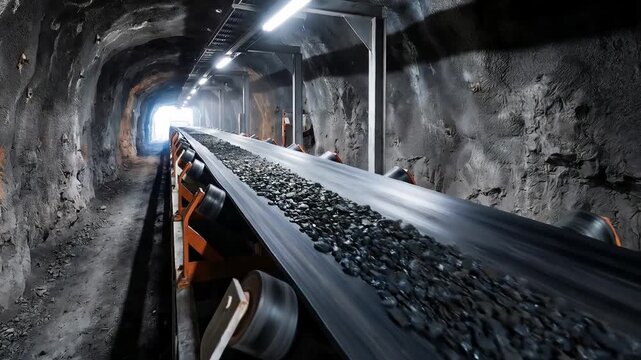 Industrial conveyor belt system rapidly transporting coal ore through a dark. Underground mine shaft towards a bright light at the end of the tunnel. Showcasing the raw material extraction process