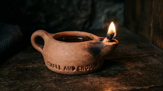 Rustic terracotta oil lamp with a bright burning flame and the stamped message 'Small and Enough' on a dark wooden surface, symbolizing contentment and inner light.