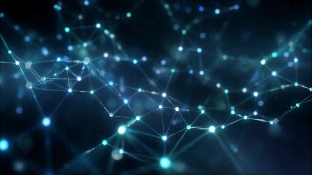 Glowing blue particles and nodes connecting in a complex web structure, representing futuristic concepts like technology, big data, communication, and artificial intelligence on a dark background