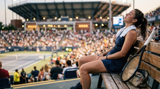 Depressed tennis player sitting on a bench with closed eyes, feeling sadness and regret after losing a match at a stadium court.