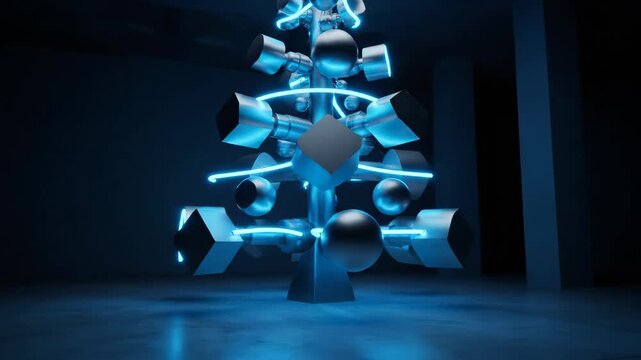 Futuristic abstract digital Christmas tree with glowing neon blue geometric shapes