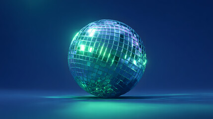 Shiny disco ball reflecting green and blue neon lights in dark studio room environment.