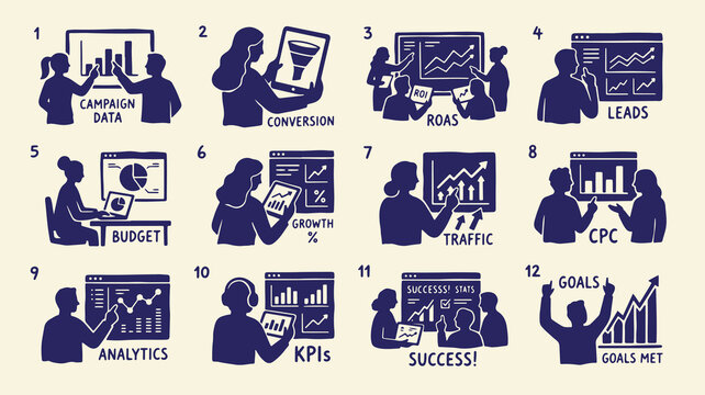 Set of twelve digital marketing icons representing various performance metrics and analysis.