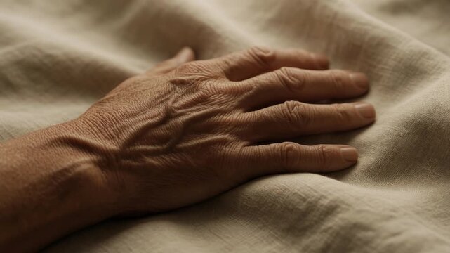 Close up view of a senior person's wrinkled hand with prominent veins, gently resting and caressing a soft, natural linen fabric, symbolizing aging, tranquility, and the passage of time