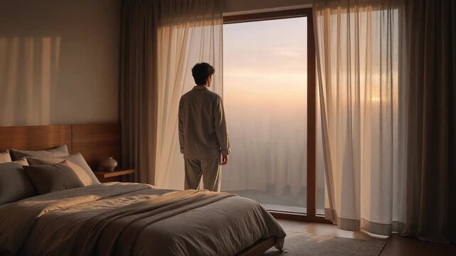 Pensive young man in pajamas standing in his sunlit bedroom and looking out the window at the beautiful morning sunrise, with curtains gently swaying in the soft breeze