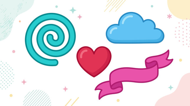 Colorful abstract shapes spiral heart cloud and ribbon illustration